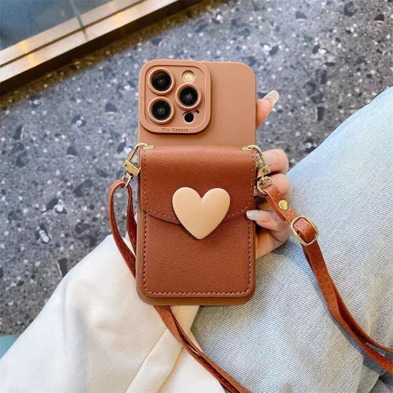 Love Wallet Lanyard Case for iPhone 17 Pro Max 17Air 11 12 13 15 Pro 16 14 Plus Crossbody Strap Fashion Leather Cute Bag Cover