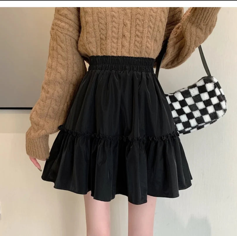 Sweet Cool Kawaii Y2K Puff Mini Skirt Women's Plaid High-Waist Lace Patchwork Bow Casual Dating Skirt  Lolita School Performance