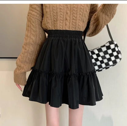 Sweet Cool Kawaii Y2K Puff Mini Skirt Women's Plaid High-Waist Lace Patchwork Bow Casual Dating Skirt  Lolita School Performance