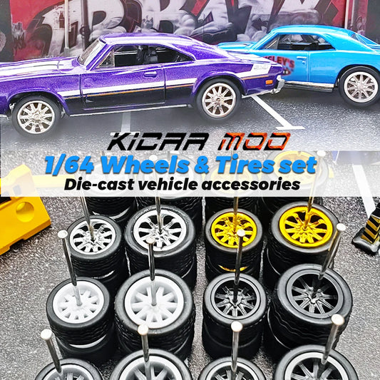 KicarMod 1/64 Wheels Rubber Tires Front Small Rear Big Tyres for Diecast Model Toy Sports Muscle Car Modified Parts