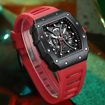 Curren 8438 Luxury Silicone Strap Men's Quartz Wristwatches Waterproof Square Sports Watch with Calendar Function