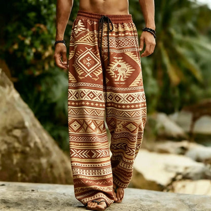 Men's Aztec Tribal Geometric Print Drawstring Wide Leg Pants, Casual Loose Trousers For Spring Summer Beach & Daily Wear
