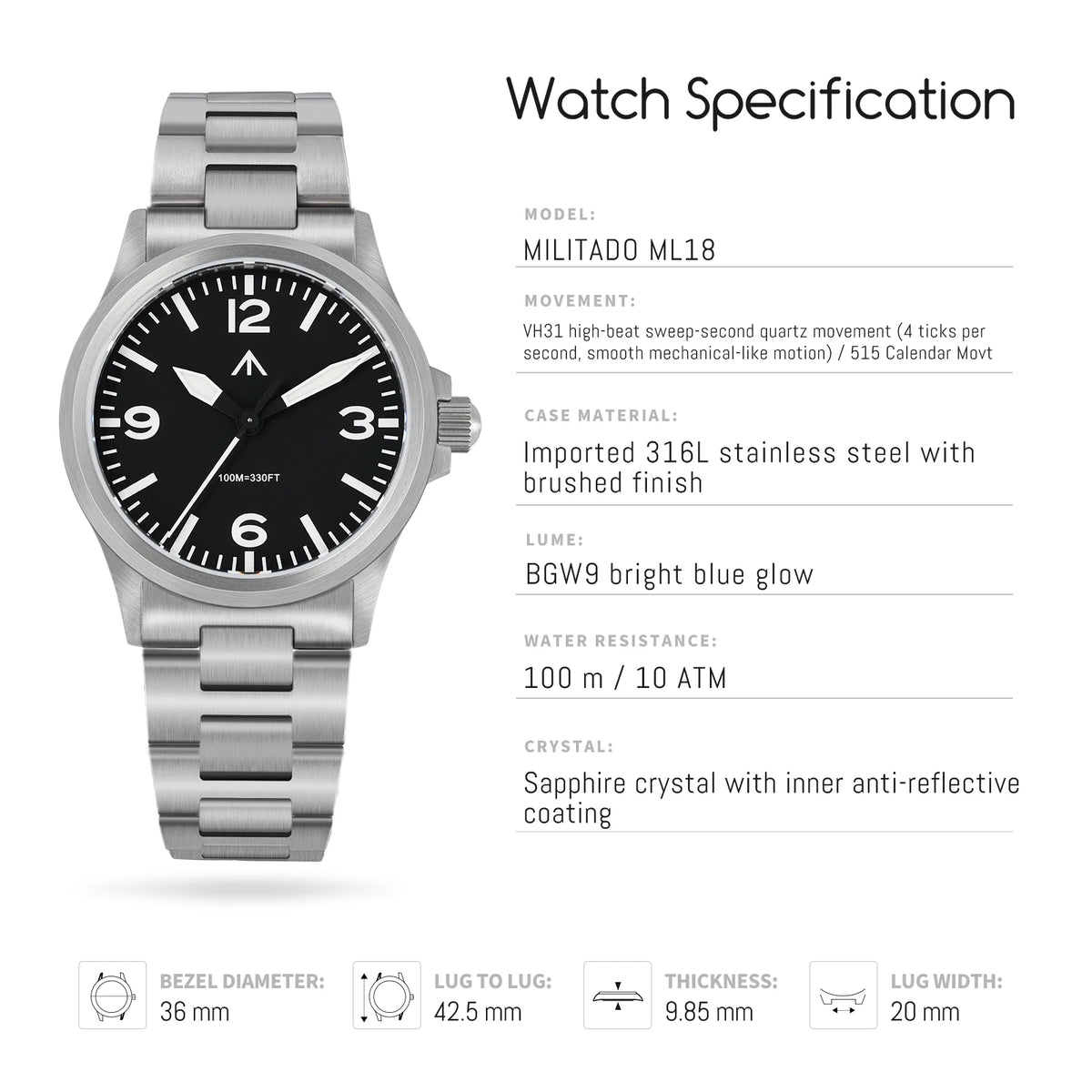 MILITADO ML18 36mm Watch VH31 Sweep Second Quartz Movement 316L Steel Sapphire BGW9 Lume 100M Waterproof Men's Wristwatch