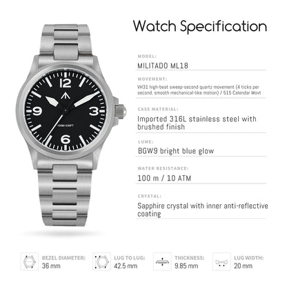 MILITADO ML18 36mm Watch VH31 Sweep Second Quartz Movement 316L Steel Sapphire BGW9 Lume 100M Waterproof Men's Wristwatch