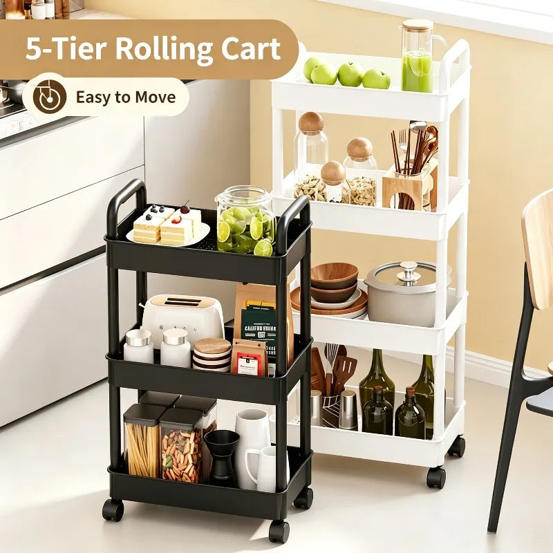 5-Tier Kitchen Storage Shelf Rolling Cart Mobile Trolley Rack with Wheels for Snacks Fruits Vegetables Bathroom Home Organizer ﻿