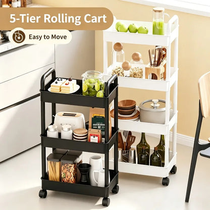 5-Tier Kitchen Storage Shelf Rolling Cart Mobile Trolley Rack with Wheels for Snacks Fruits Vegetables Bathroom Home Organizer ﻿