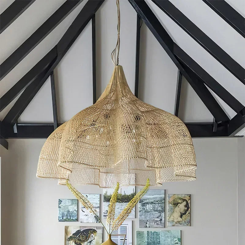 Wabi Sabi Rattan Pendant Lamp Modern Living Room Wicker Pendant Lamp Restaurant Kitchen Dining Room LED Handmade Pendant Light