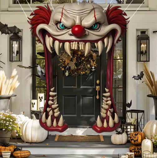 1Pc Vintage Halloween Scary Clown Porch Door Banner Photo Booth Prop for Halloween Themed Party Home Outdoor Decor