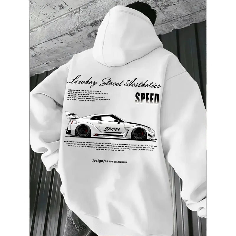 2026 New Arrival Sports Car Graphic Hoodie for Men White Street Racing Aesthetic Pullover with SPFRD Letter Print Streetwear