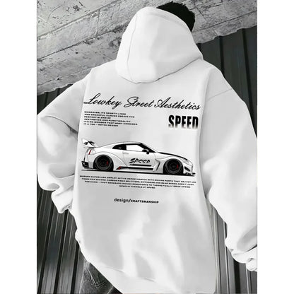 2026 New Arrival Sports Car Graphic Hoodie for Men White Street Racing Aesthetic Pullover with SPFRD Letter Print Streetwear