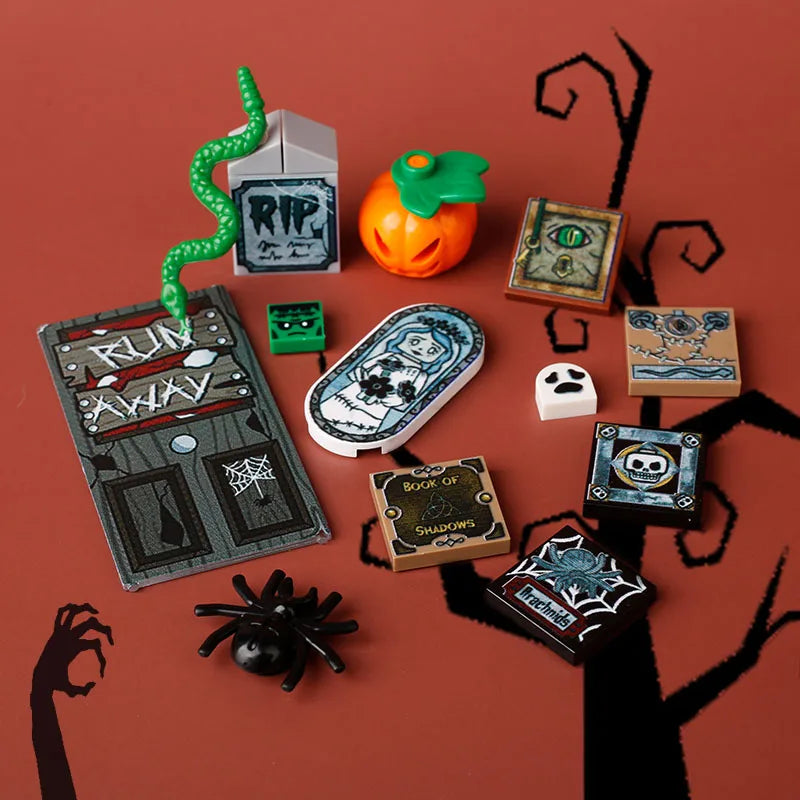 DIY City Tiles Printed Building Blocks Street View Ghost Pumpkin Medical Stretcher Music Package Bricks Christmas Halloween Toys