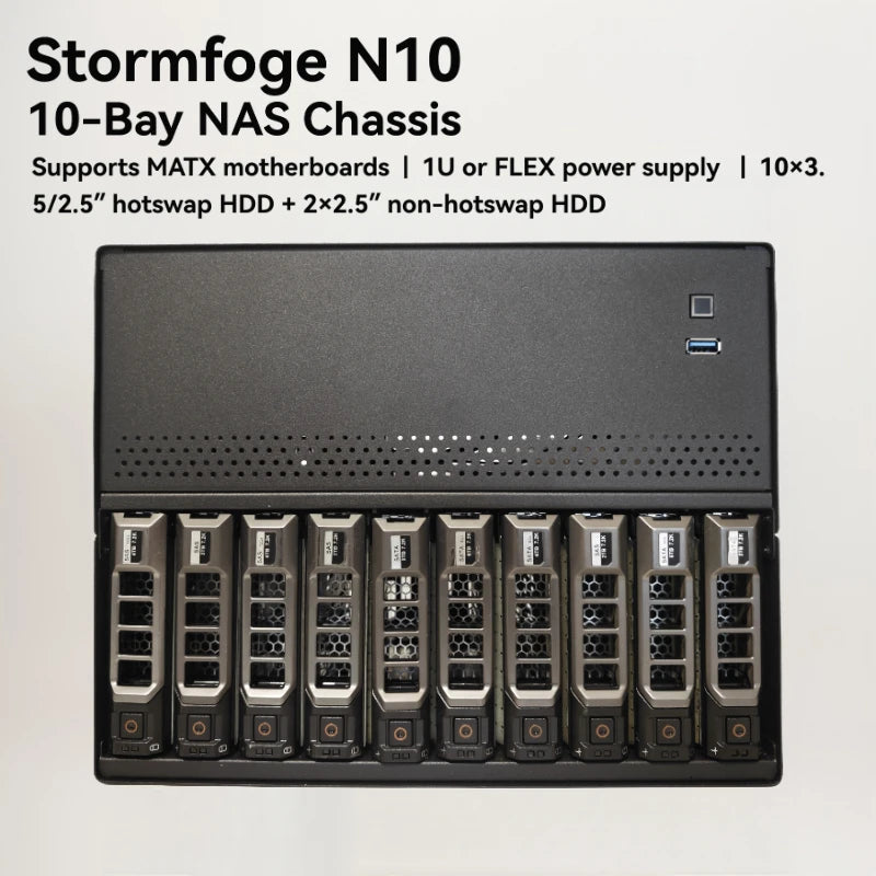 N10 10-bay NAS Chassis Case - Supporting MATX Motherboards with 10 Hotswap Hard Drivesn Bays