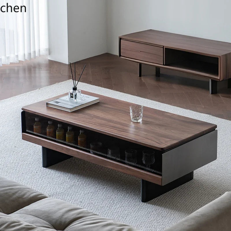 W5.19 walnut solid wood rock slab coffee table display modern black rectangular small apartment with lighting atmosphere