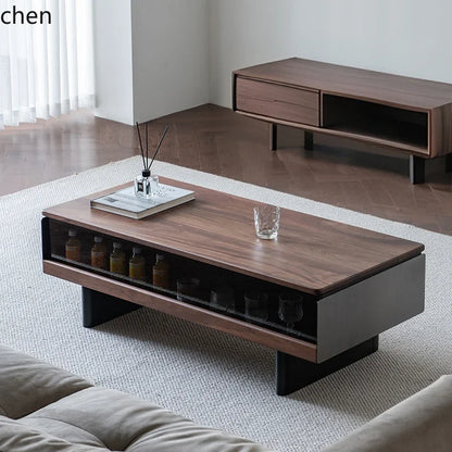 W5.19 walnut solid wood rock slab coffee table display modern black rectangular small apartment with lighting atmosphere