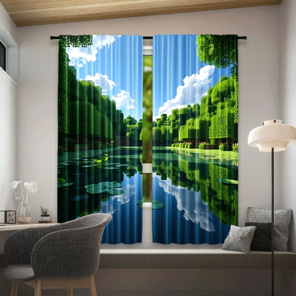 2PCS Digital Print Curtain, Pixel Art Green Forest Landscape Pattern, Gaming Style Scenery for Living Room Bedroom Home Decor