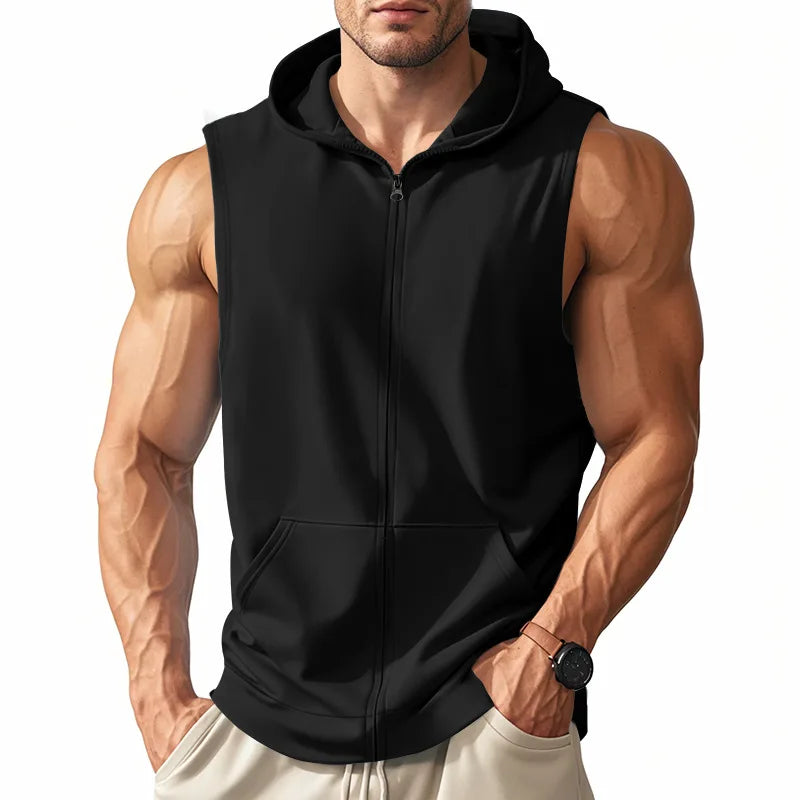 Summer New Hooded Vest Men's Sports Fitness Training Zipper Cardigan Sleeveless Vest Sleeveless Downjacket Blouson Homme Hiver