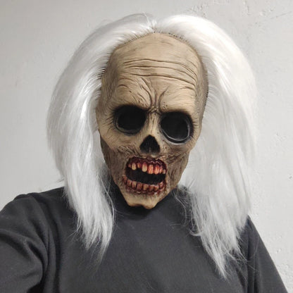 Professional Haunted House White Hair Zombie Skull Mask Head Latex Scary Undead Costume Cosplay Accessory Halloween Carnival
