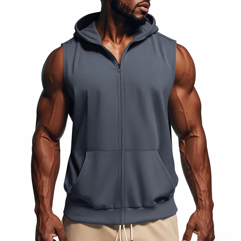 Summer New Hooded Vest Men's Sports Fitness Training Zipper Cardigan Sleeveless Vest Sleeveless Downjacket Blouson Homme Hiver