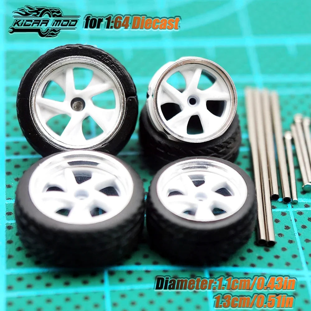 Kicarmod 1/64 Model Car ABS Wheels with Rubber Tire Metal Rims Front Small Rear Large Refitting Parts For Model Car