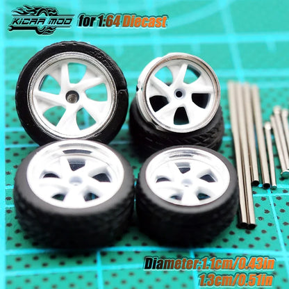 Kicarmod 1/64 Model Car ABS Wheels with Rubber Tire Metal Rims Front Small Rear Large Refitting Parts For Model Car