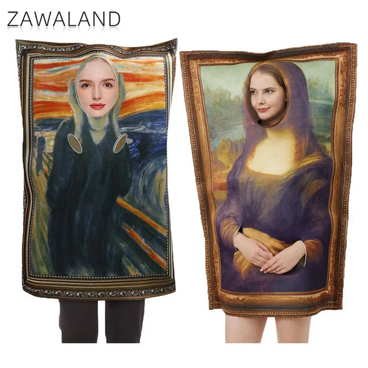 ZAWALAND Mona Lisa Costumes Adult Boy Girl Carnival Cosplay Jumpsuit Funny The Scream Mural Dress Up Purim Performance Clothes
