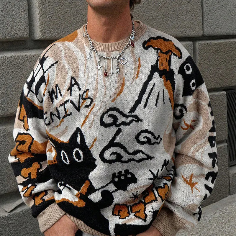 2026 Spring/Summer Men's and Women's Retro Cartoon Pattern Knitted Sweater - Loose and Comfortable Long-Sleeved Knitted Sweater