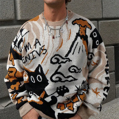 2026 Spring/Summer Men's and Women's Retro Cartoon Pattern Knitted Sweater - Loose and Comfortable Long-Sleeved Knitted Sweater