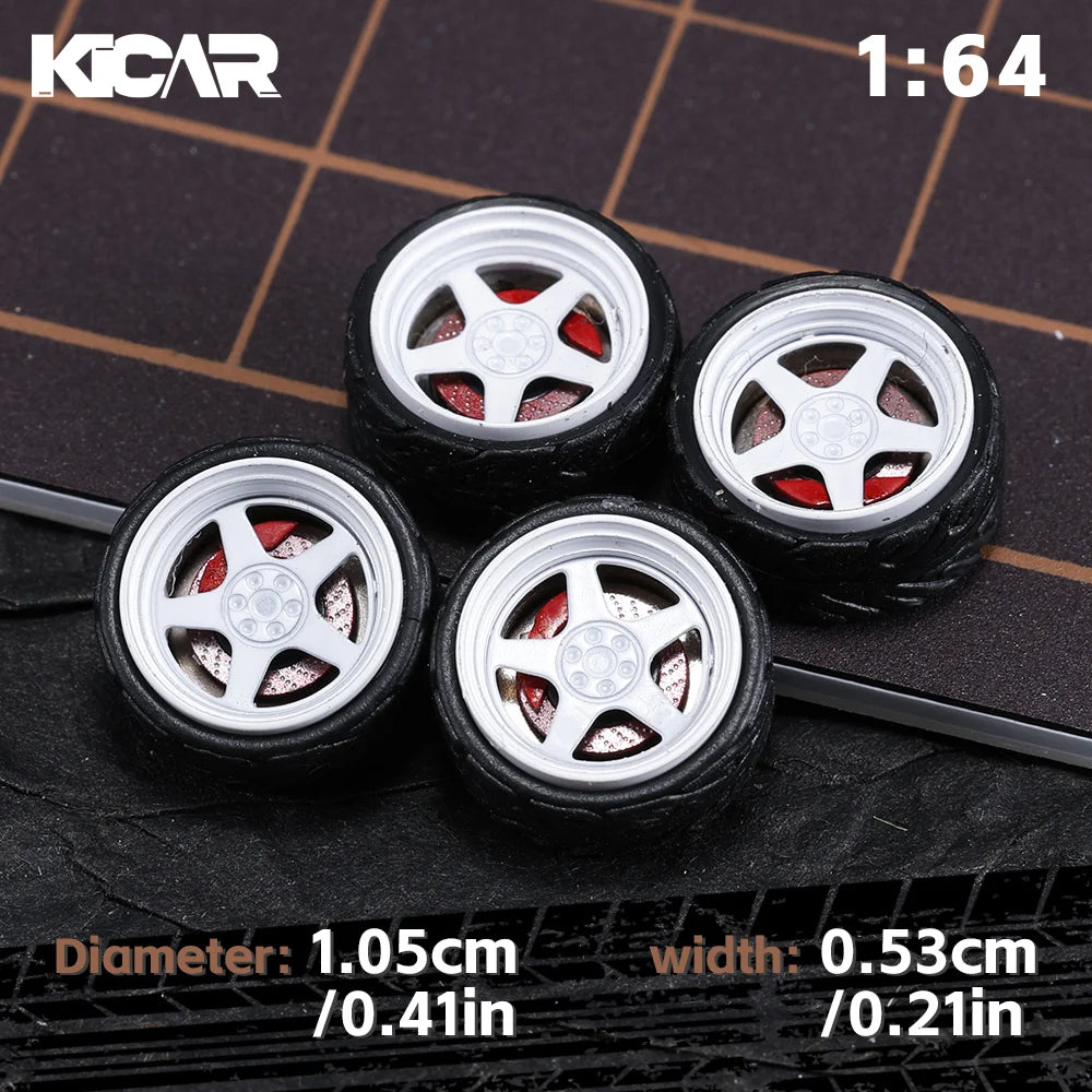 Kicarmod 1/64 10.5mm Alloy Model Wheels with Magnetic Hub Caps-with Rubber Tires for Tomica Custom Diecast Cars