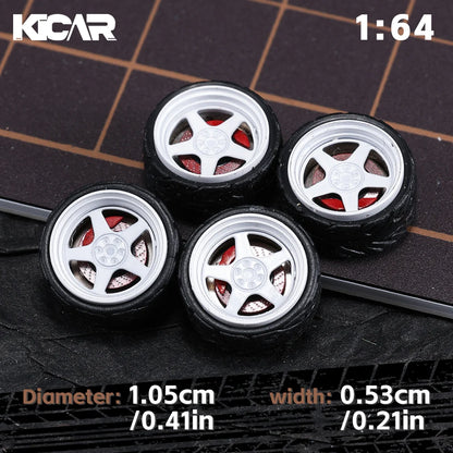 Kicarmod 1/64 10.5mm Alloy Model Wheels with Magnetic Hub Caps-with Rubber Tires for Tomica Custom Diecast Cars