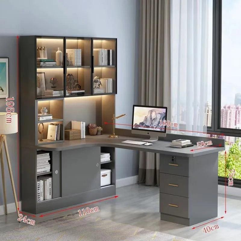 Writing Study Desk Integrated Bookshelf L-Shaped Computer Desk Bookcase Luxury Home Bedroom Office Computer Desk with Drawers