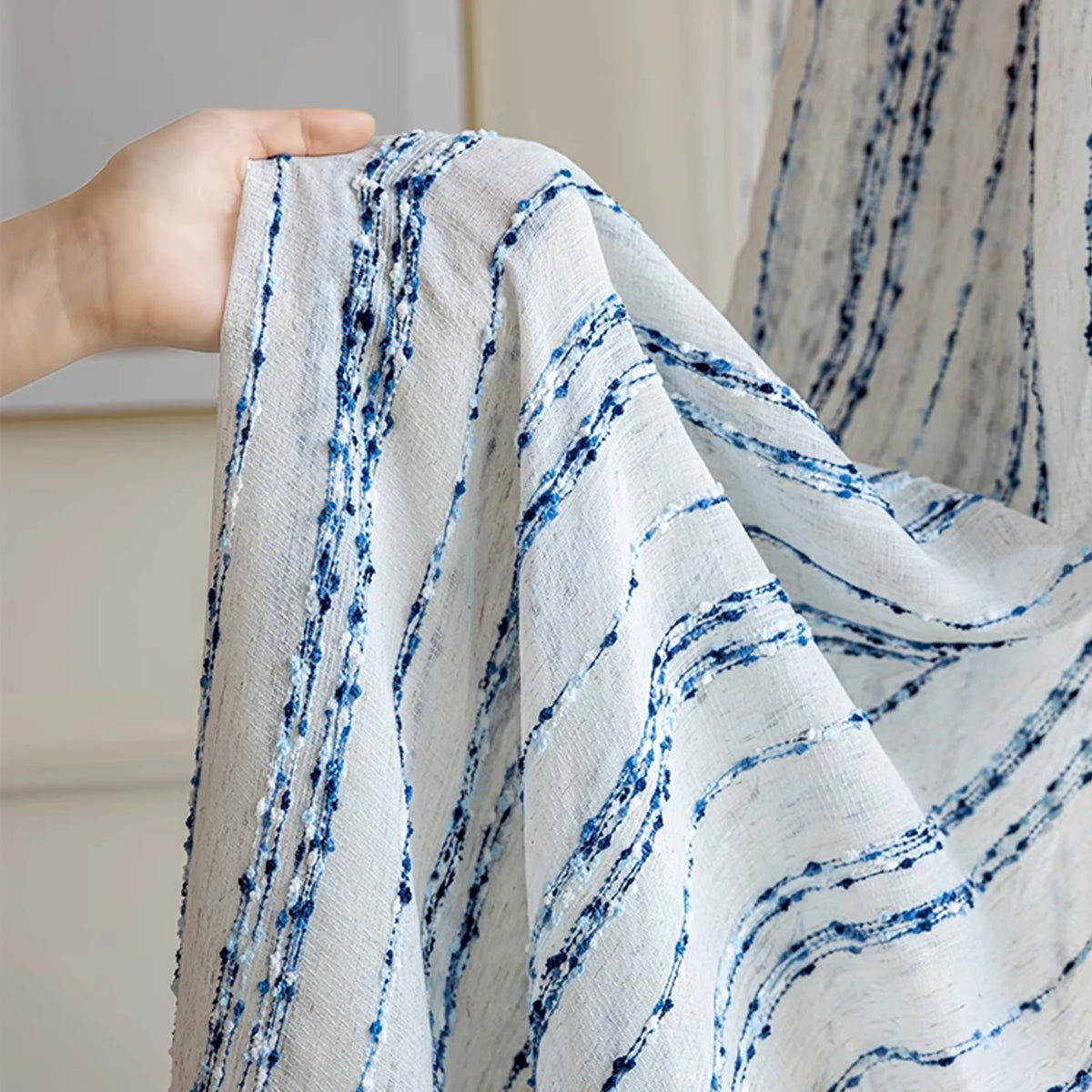 Blue And White Grain Striped Cotton And Linen Curtains, Three-dimensional Texture, Light-transmitting Gauze Curtain