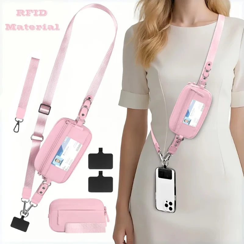 Trend Stripes Diagonal Cross Mobile Phone Lanyard Strap with Multifunctional Wallet Portable Storage Bag for Travel Anti Loss