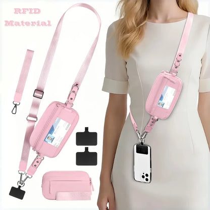 Trend Stripes Diagonal Cross Mobile Phone Lanyard Strap with Multifunctional Wallet Portable Storage Bag for Travel Anti Loss