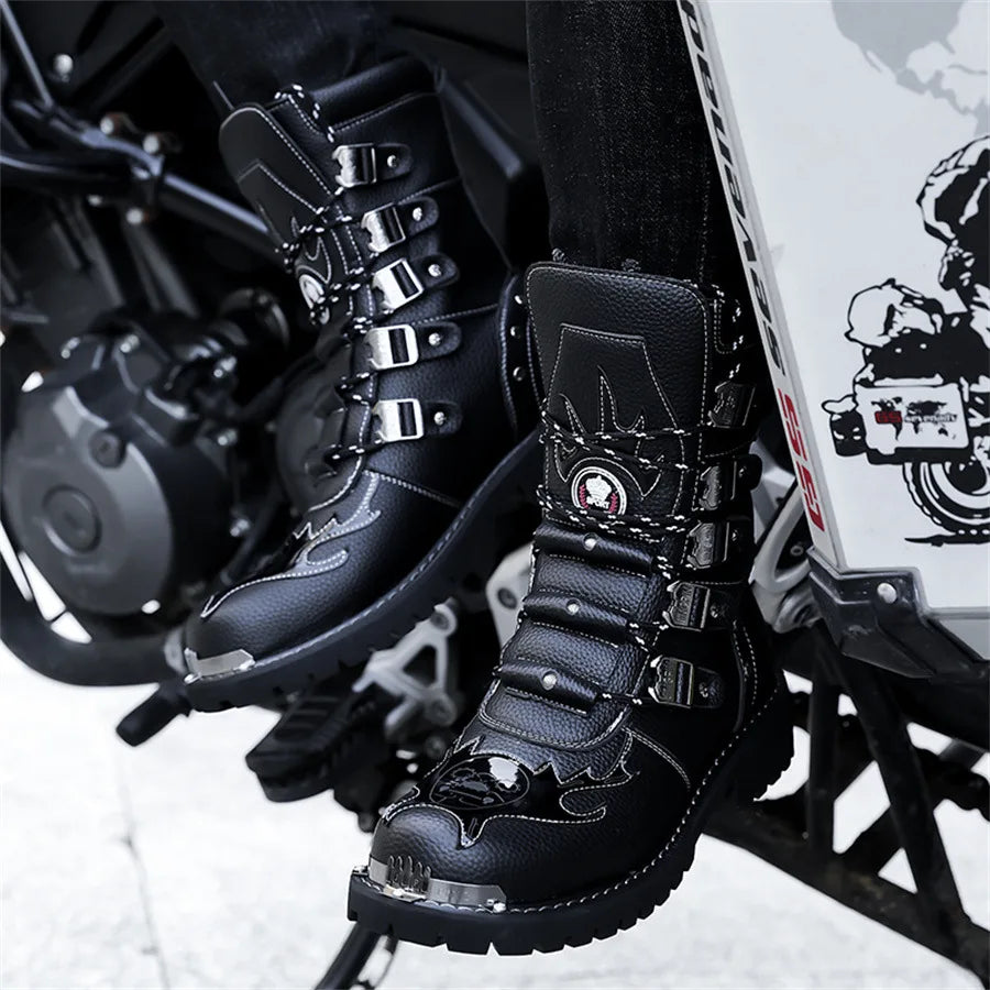 High Quality Men's Boots Fashion Punk Rock Style Motorcycle Boots Luxury Mid-Calf Leather Boot Mens Knight Boots Botas Masculino