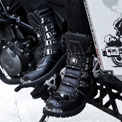 High Quality Men's Boots Fashion Punk Rock Style Motorcycle Boots Luxury Mid-Calf Leather Boot Mens Knight Boots Botas Masculino