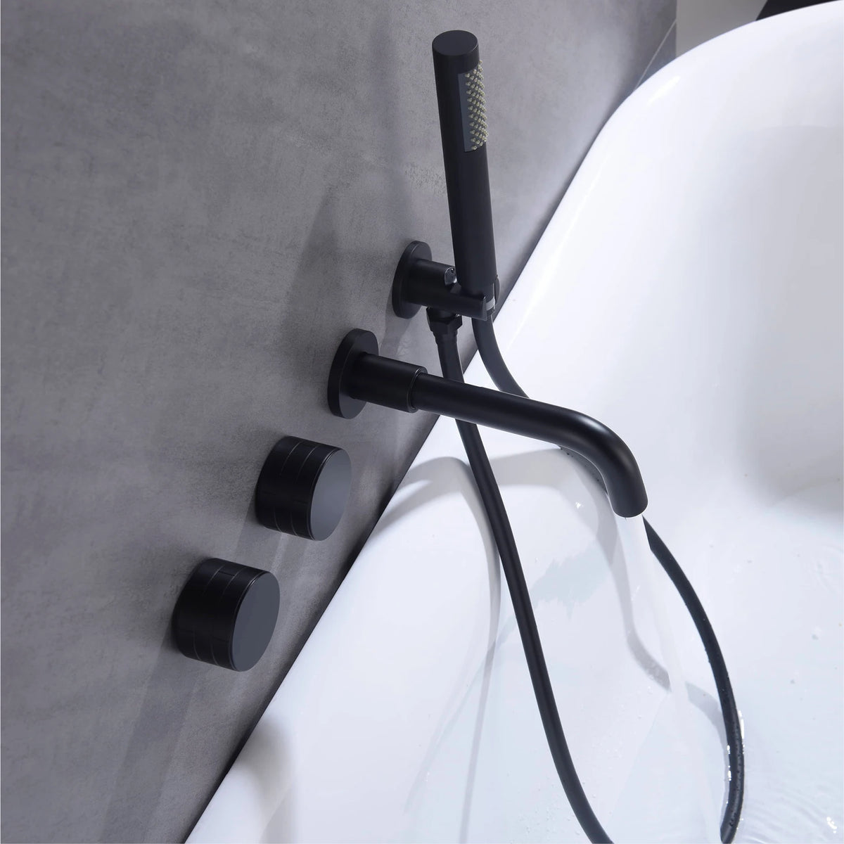 Luxury Black Brass Wall Mounted Bathroom Faucet with Embedded Design, Dual Handle Hot and Cold Water Simple Bathtub Faucet
