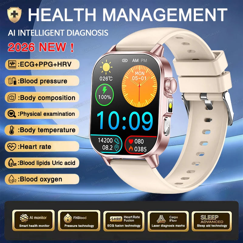 2026 New ECG+PPG Health AI Diagnosis Analysis Smart Watch Blood Lipid Uric Acid Tracker Clock NFC Bluetooth Call Watch Men Women