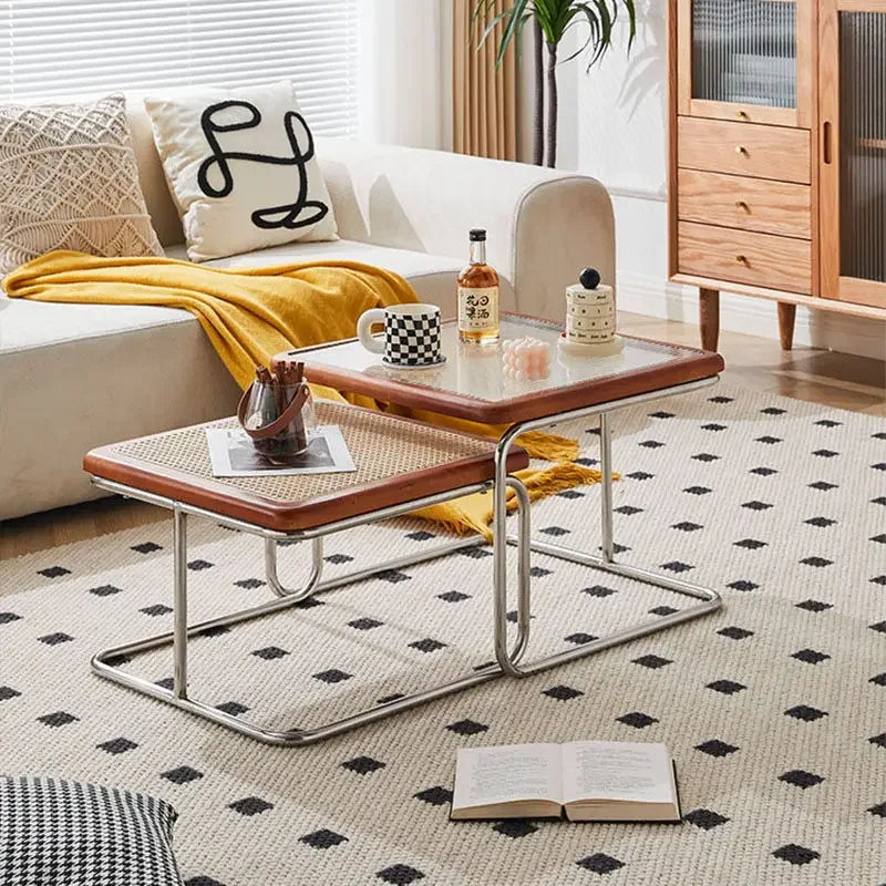 Nordic Rattan Combination Coffee Sofa Table Set Stainless Steel Solid Wood Glass Combination Modern Simple Style Wood Tables