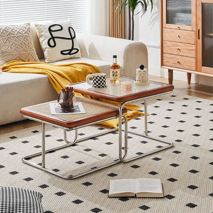 Nordic Rattan Combination Coffee Sofa Table Set Stainless Steel Solid Wood Glass Combination Modern Simple Style Wood Tables