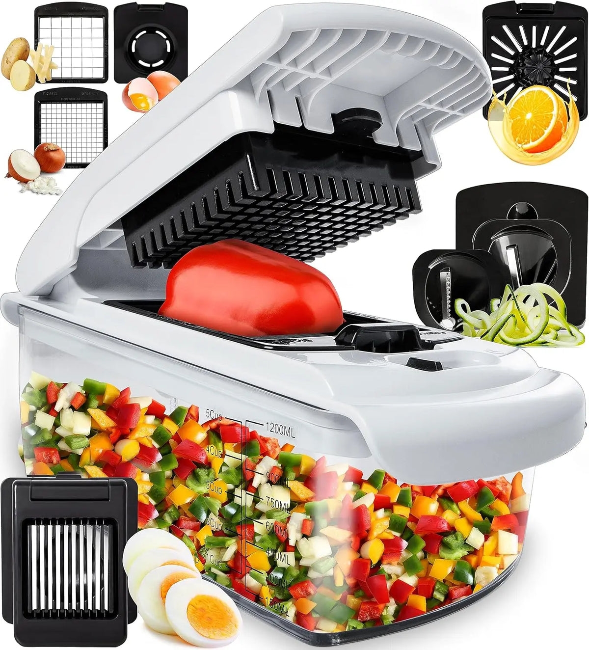 Vegetable chopper with container, featuring a versatile design for chopping, slicing, and dicing vegetables effortlessly.
