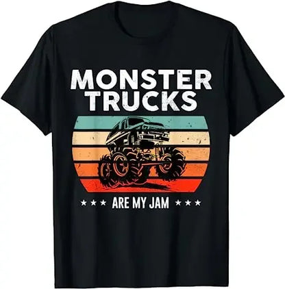 Monster Truck Are My Jam Vintage Tees Retro Sunset Cool Engines T-Shirt Monster Truck Car for Birthday Boy Sons Gifts Cute Tops