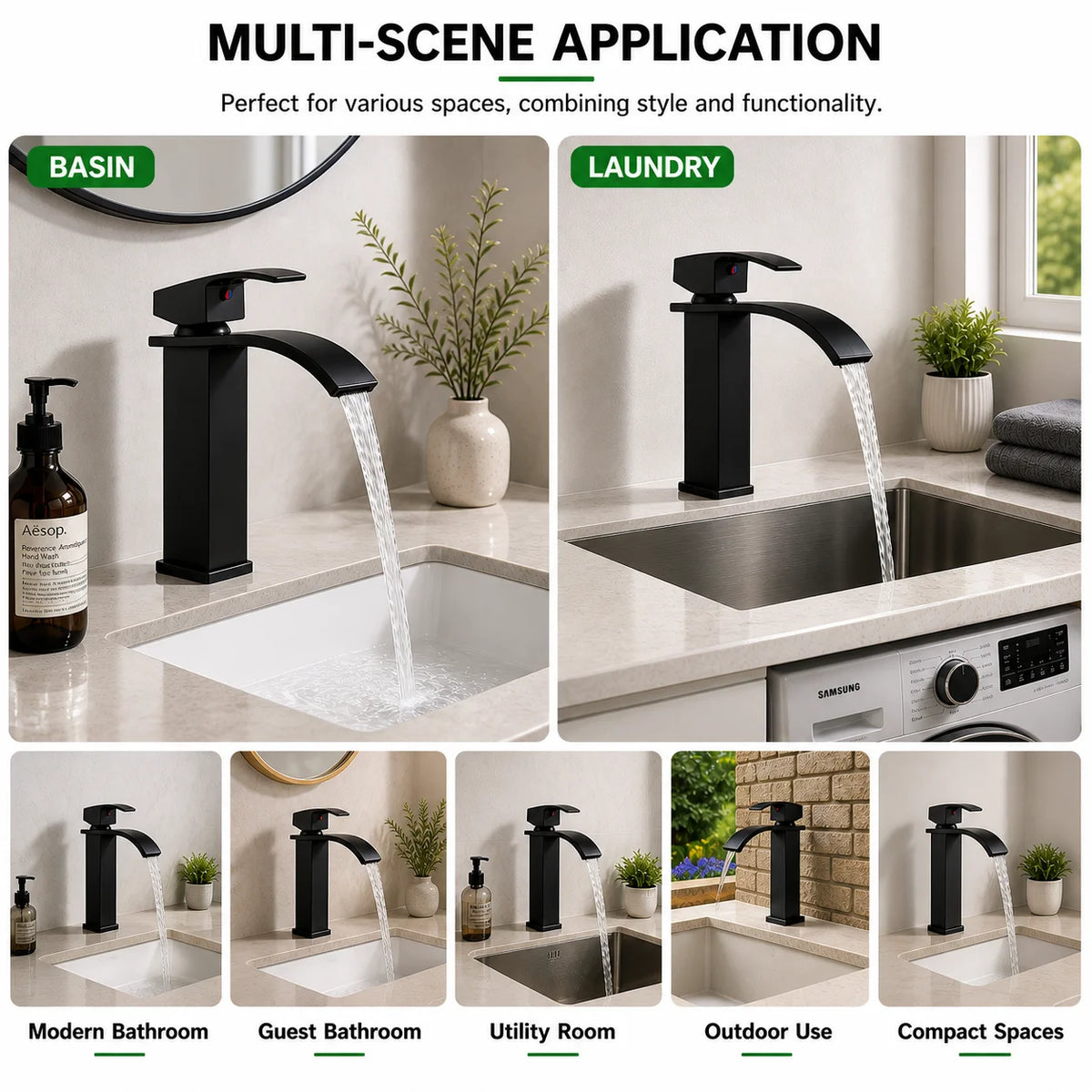 SANIVITAL Basin Faucet Matte Black Waterfall Spout Single Handle Hot Cold Bathroom Sink Mixer Tap Deck Mounted