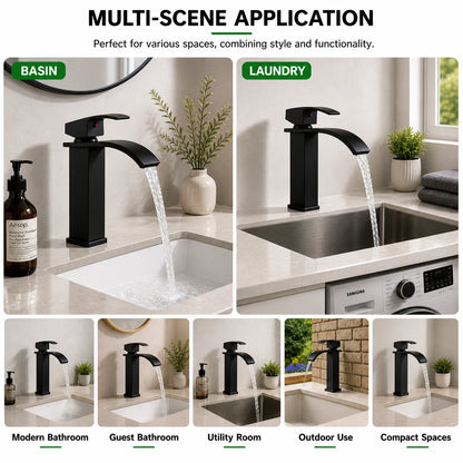 SANIVITAL Basin Faucet Matte Black Waterfall Spout Single Handle Hot Cold Bathroom Sink Mixer Tap Deck Mounted