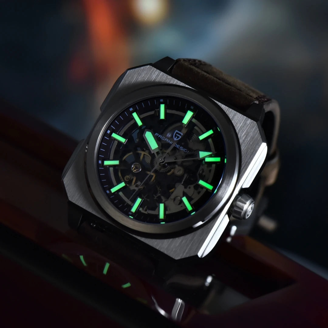 PAGANI DESIGN Sports Square Men's Mechanical Automatic Watch, Waterproof Skeleton Retro Leather Outdoor Sports Luminous Gift Men