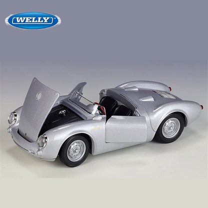 WELLY 1:24 Porsche 550 Spyder Alloy Roadster Sports Car Model Diecast Metal Classic Retro Vehicle Car Model Simulation Kids Gift