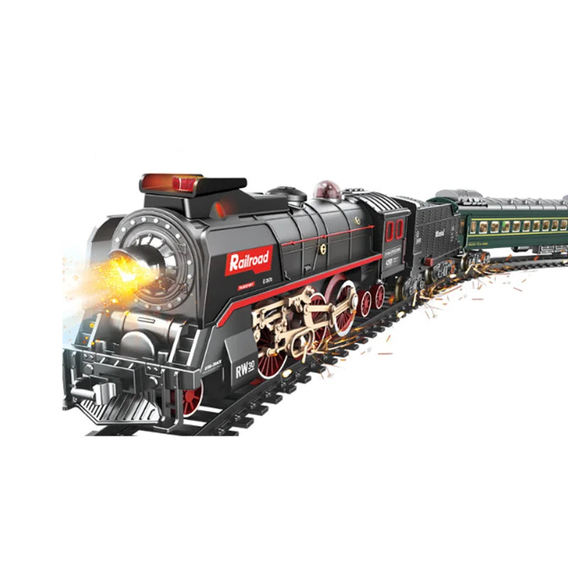 Simulation Train Remote Control Vintage Steam Train Track Accessories Spray Electric Train Carriages Locomotive Boys Toy