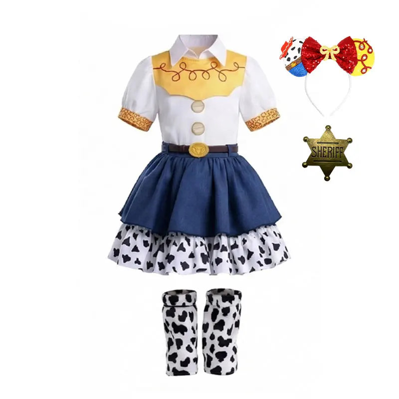 2026 Cool Girl Western Cowgirl Suit Double Layer Cow Print Skirt With Leg Warmers Kid Toy Party Movie Costume Fancy Jessie Dress