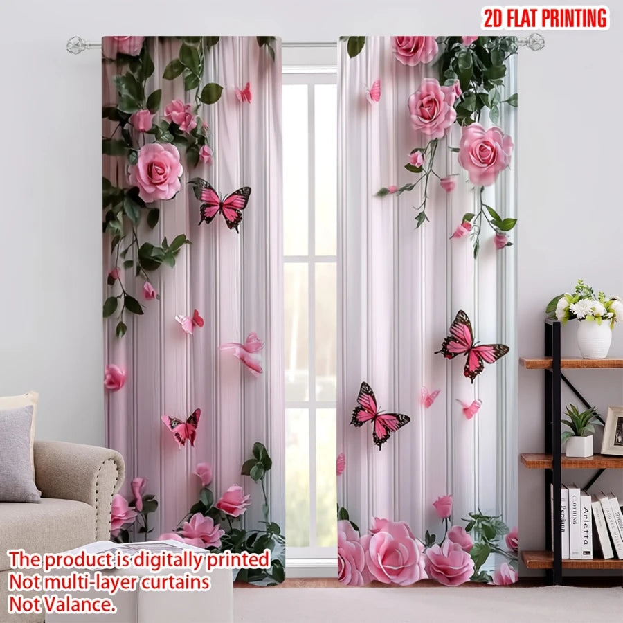 2PCS Digital Printed Curtains, Butterfly Pink Rose Romantic Botanical, Rod Pocket Window Drapes for Living Room Bedroom Decor