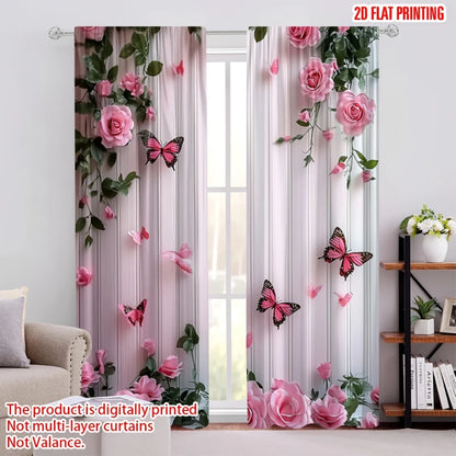2PCS Digital Printed Curtains, Butterfly Pink Rose Romantic Botanical, Rod Pocket Window Drapes for Living Room Bedroom Decor