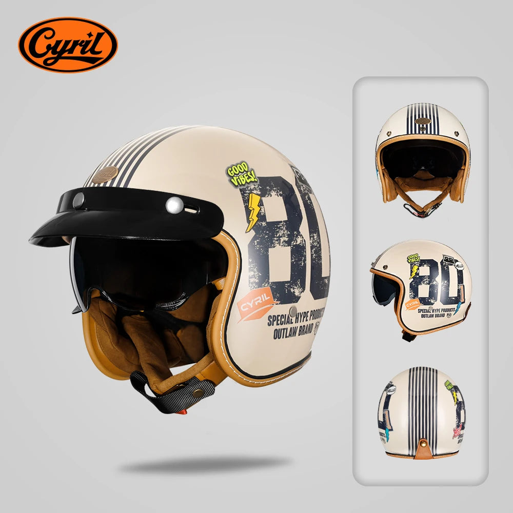 Retro 3/4 Open Face Half Motorcycle Helmet CYRIL B206 Lightweight Adult Vintage Jet Helmet for Men Women DOT ECE Approved
